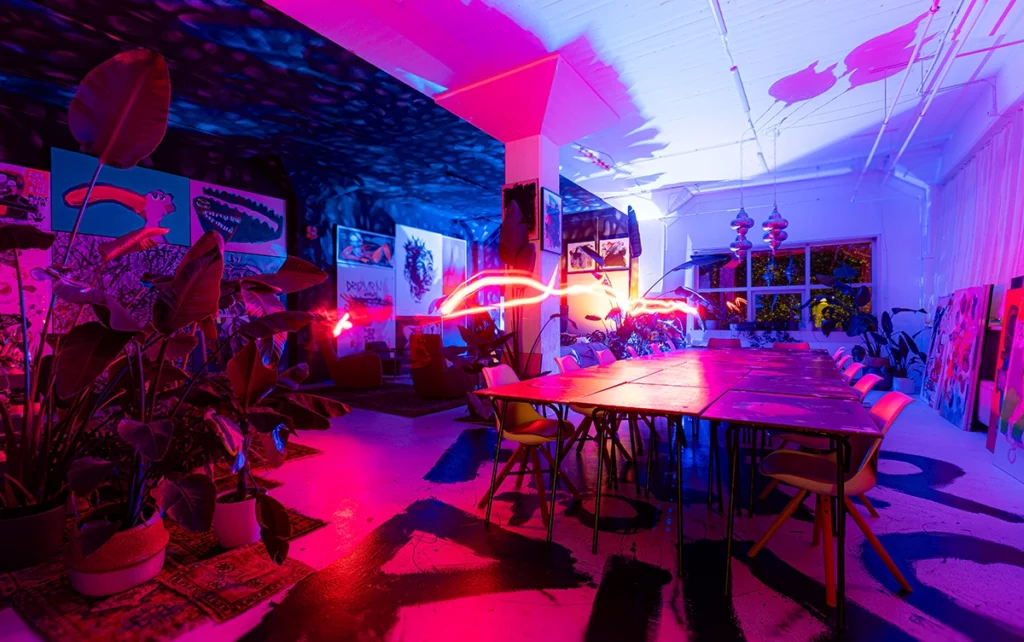 dynamic-meeting-room-pink-blue-light Long meeting table illuminated with vibrant pink and blue artistic lighting in Rotterdam.